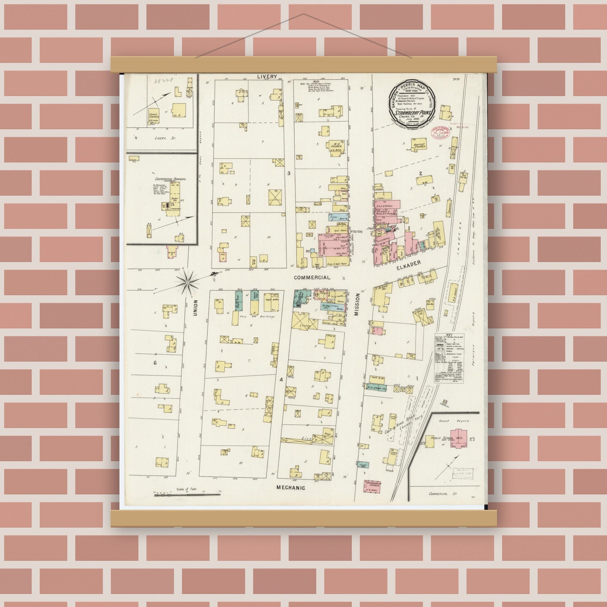 Old map wall art mockup — magnetic wood frame on brick wall — Sanborn Fire Insurance Map from Strawberry Point, Clayton County, Iowa (1895), Sheet #0001