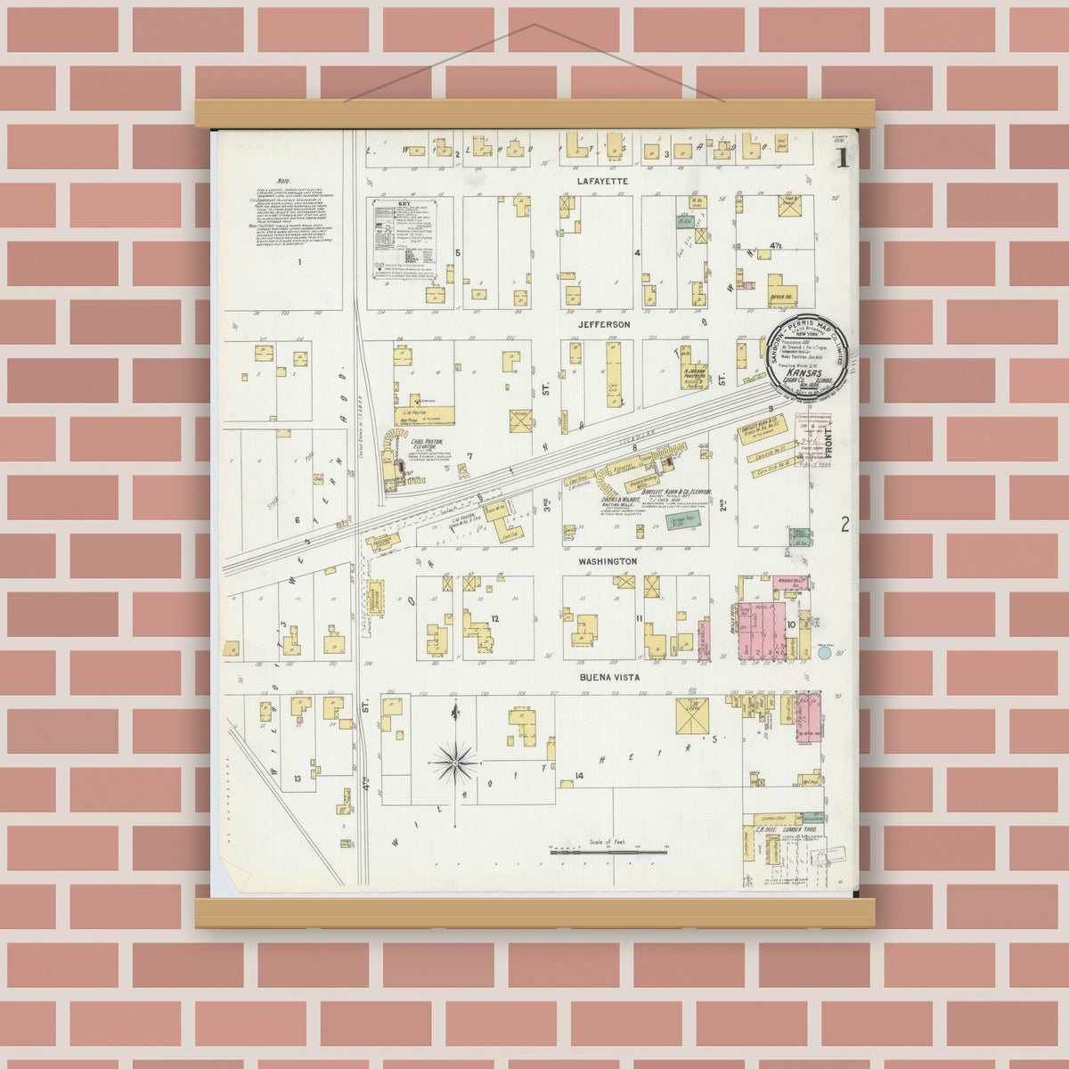 Old map wall art mockup — magnetic wood frame on brick wall — Sanborn Fire Insurance Map from Kansas, Edgar County, Illinois (1899) - Complete Map Set