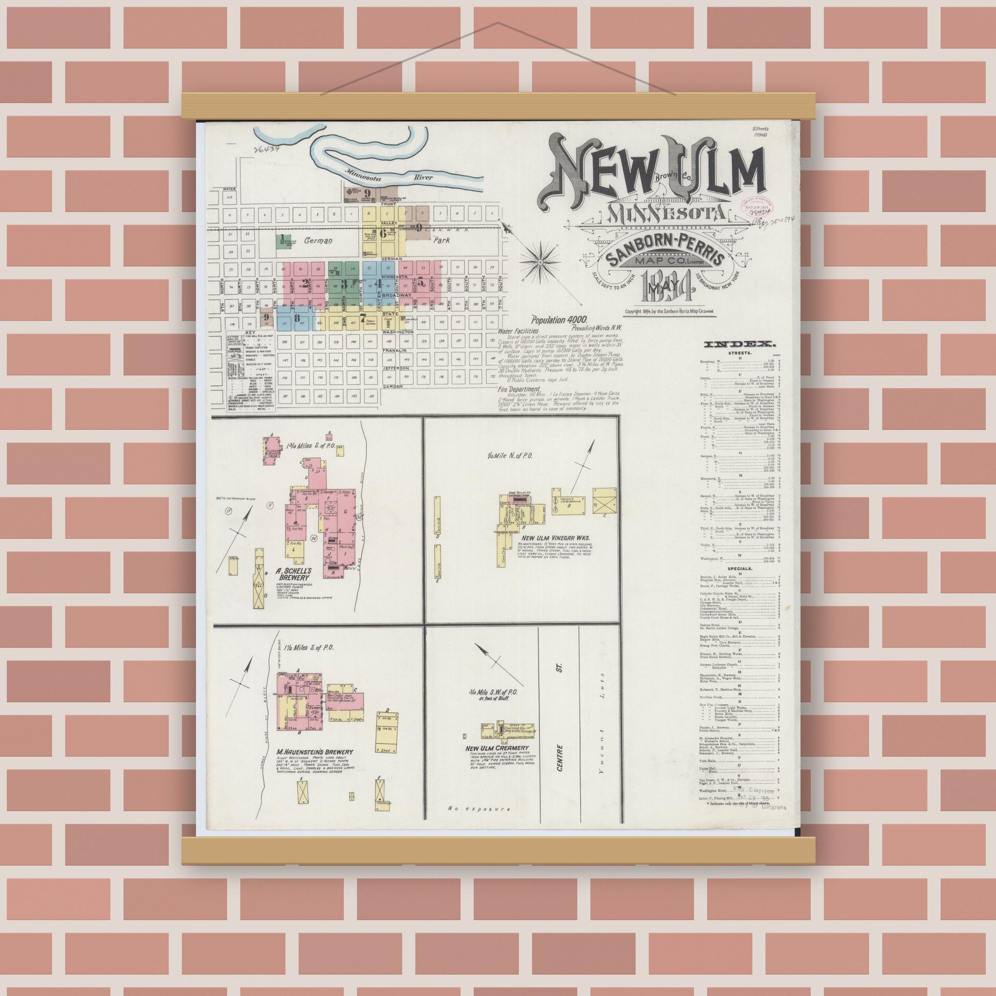 Old map wall art mockup — magnetic wood frame on brick wall — Sanborn Fire Insurance Map from New Ulm, Brown County, Minnesota (1894) - Complete Map Set