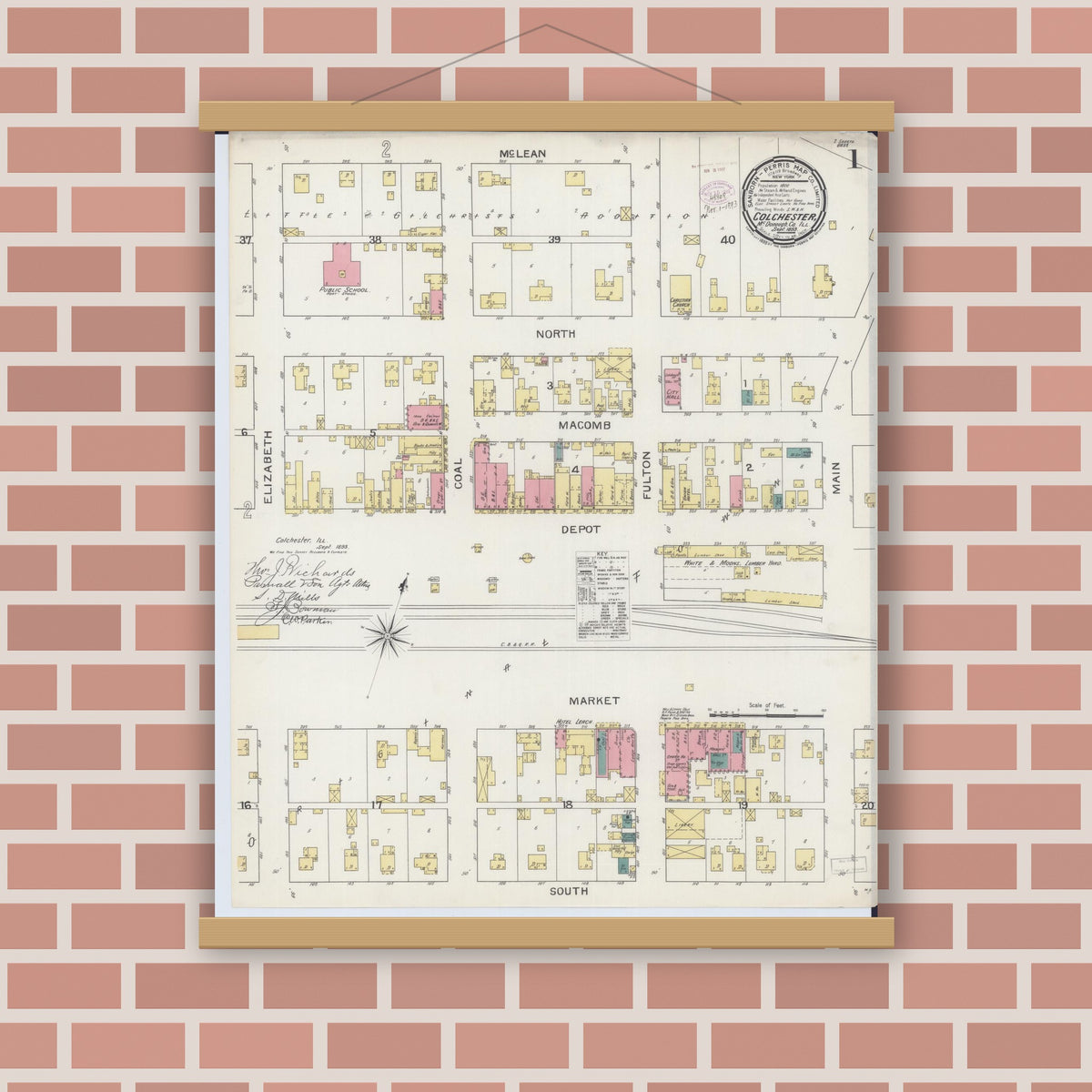Old map wall art mockup — magnetic wood frame on brick wall — Sanborn Fire Insurance Map from Colchester, Mcdonough County, Illinois (1893), Sheet #0001