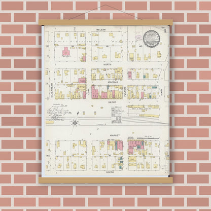 Old map wall art mockup — magnetic wood frame on brick wall — Sanborn Fire Insurance Map from Colchester, Mcdonough County, Illinois (1893), Sheet #0001