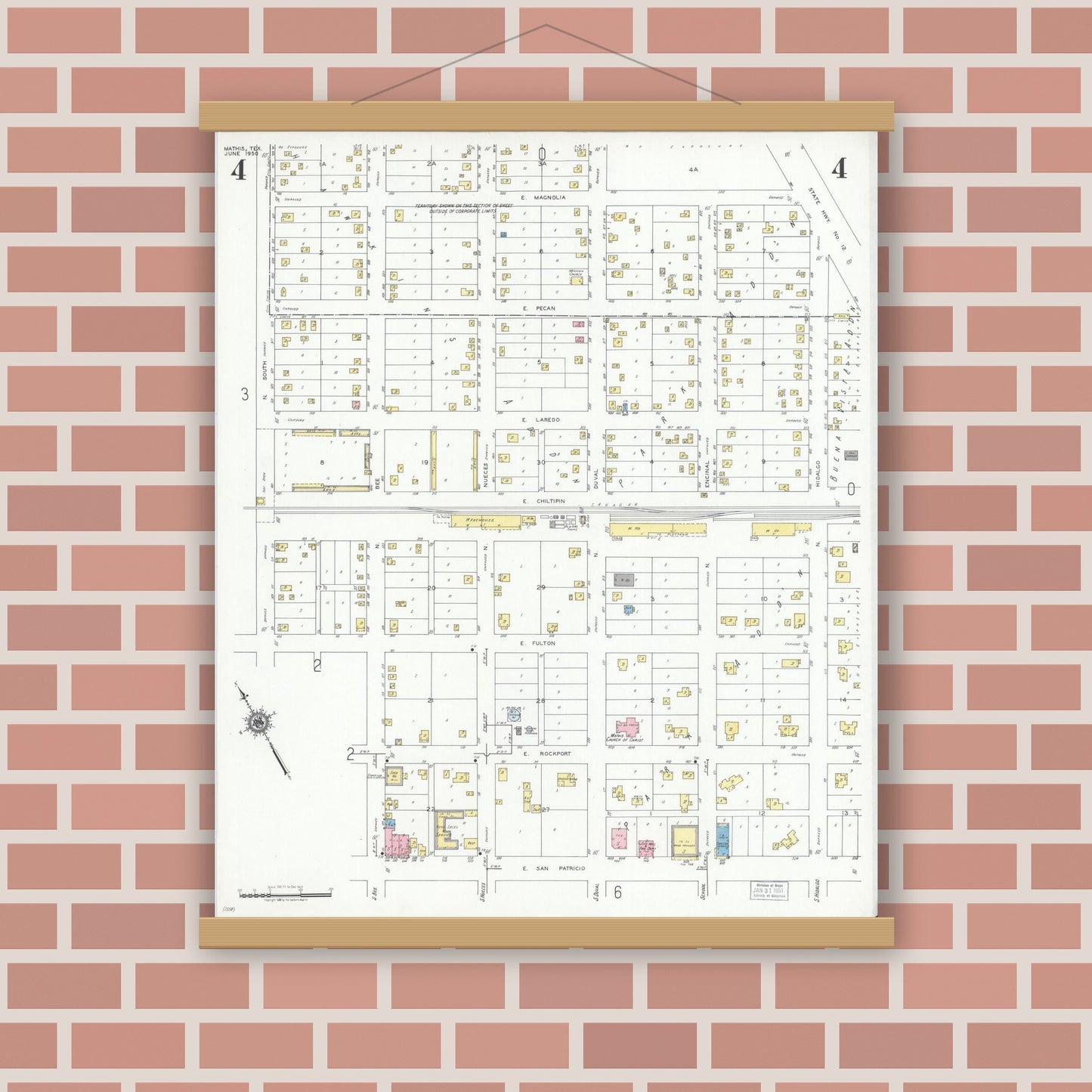 Old map wall art mockup — magnetic wood frame on brick wall — Sanborn Fire Insurance Map from Mathis, San Patricio County, Texas (1950), Sheet #0004