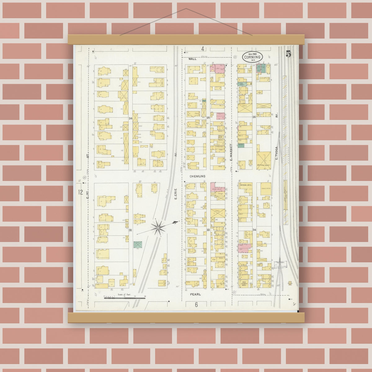 Old map wall art mockup — magnetic wood frame on brick wall — Sanborn Fire Insurance Map from Corning, Steuben County, New York (1903), Sheet #0005