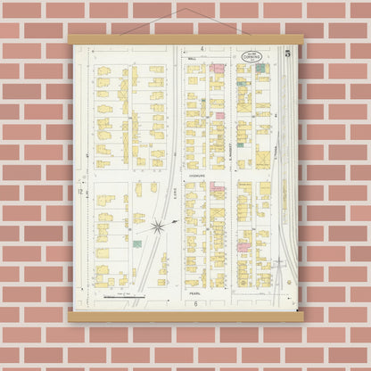 Old map wall art mockup — magnetic wood frame on brick wall — Sanborn Fire Insurance Map from Corning, Steuben County, New York (1903), Sheet #0005