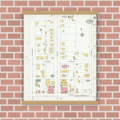 Old map wall art mockup — magnetic wood frame on brick wall — Sanborn Fire Insurance Map from Hillsboro, Hill County, Texas (1900), Sheet #0003