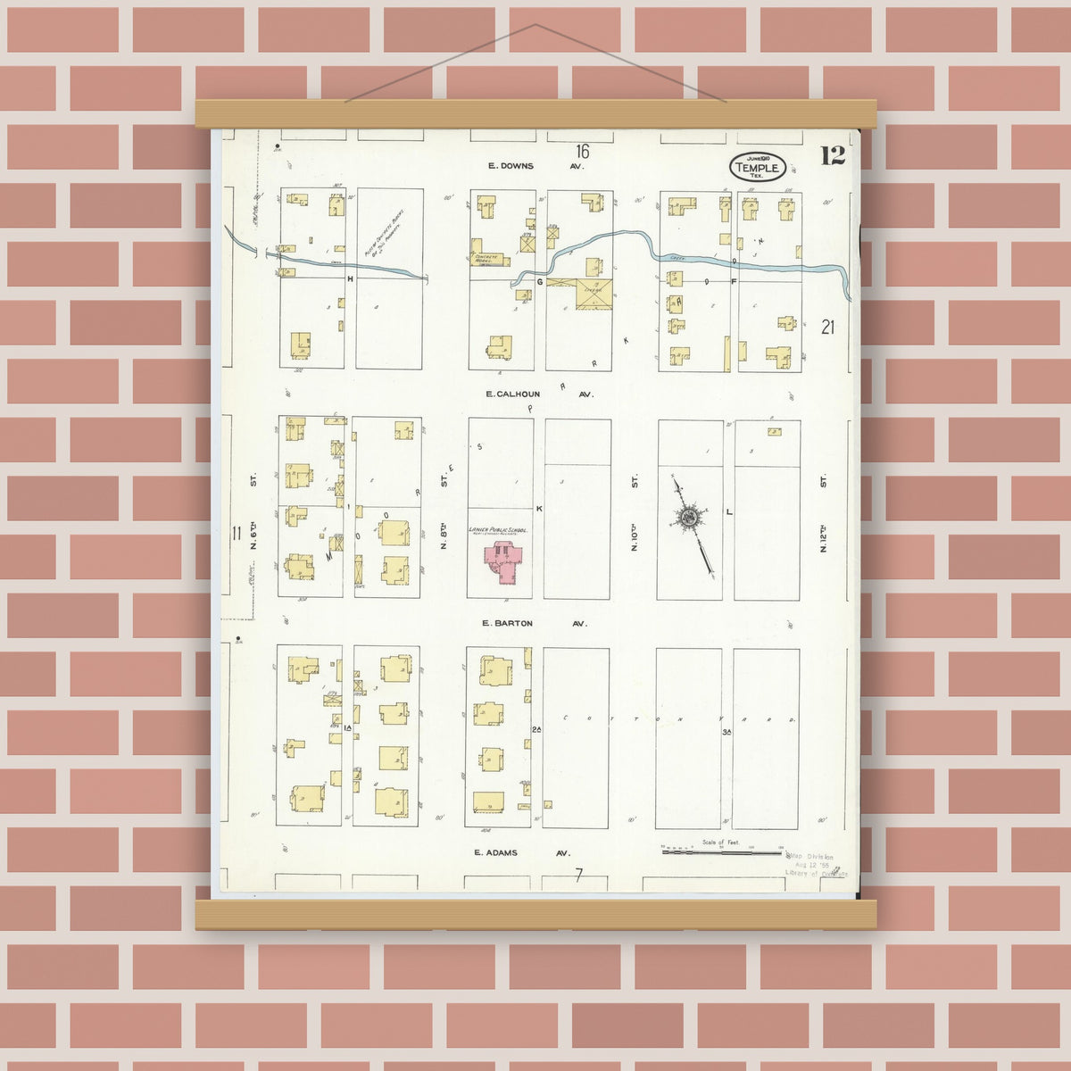 Old map wall art mockup — magnetic wood frame on brick wall — Sanborn Fire Insurance Map from Temple, Bell County, Texas (1910), Sheet #0012