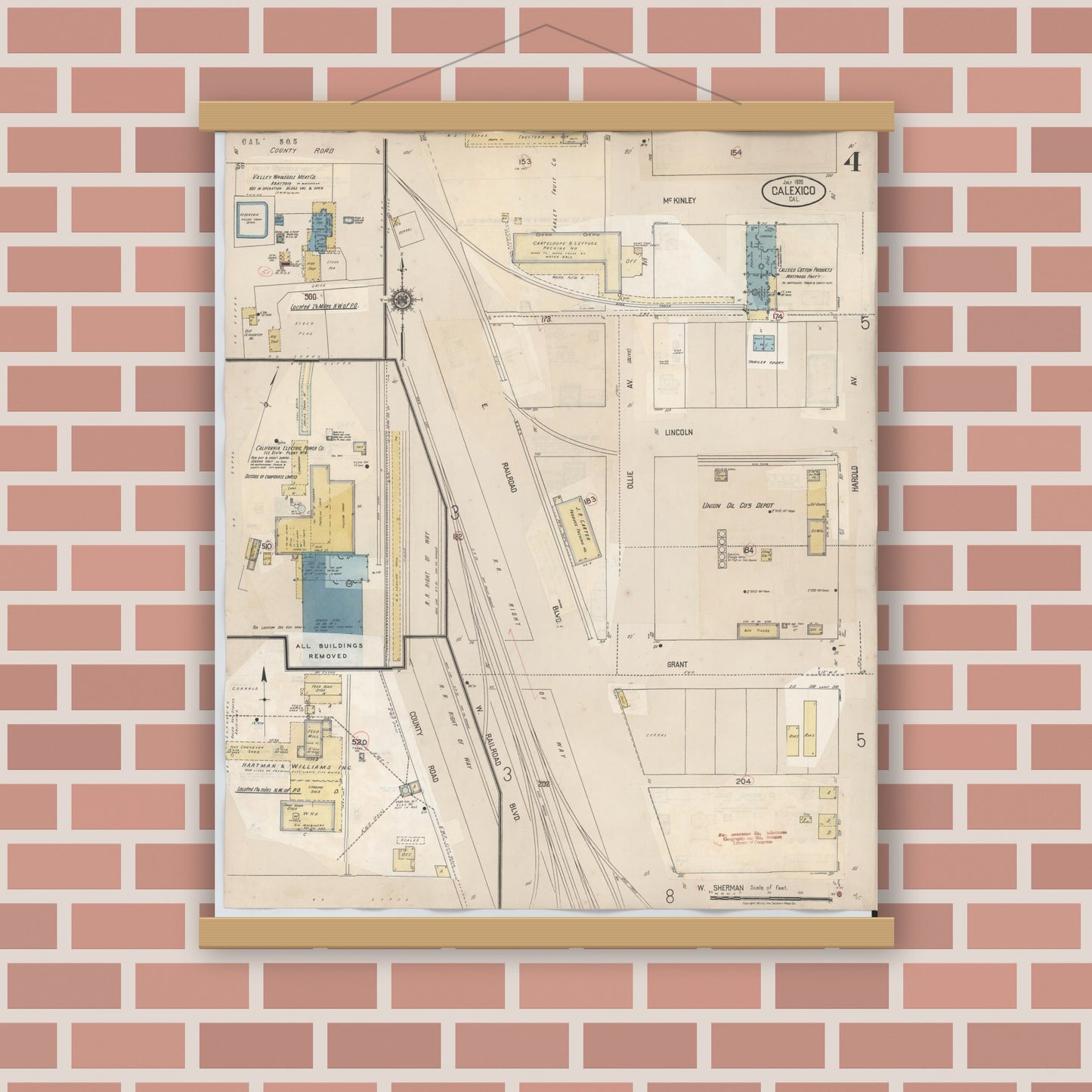 Old map wall art mockup — magnetic wood frame on brick wall — Sanborn Fire Insurance Map from Calexico, Imperial County, California (1949), Sheet #0004