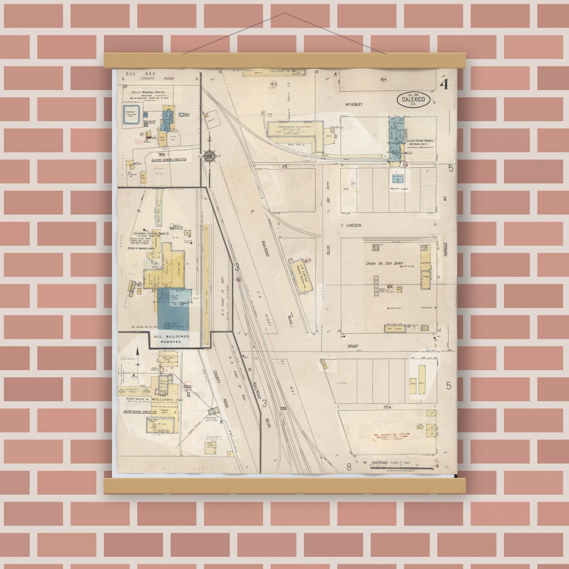 Old map wall art mockup — magnetic wood frame on brick wall — Sanborn Fire Insurance Map from Calexico, Imperial County, California (1949), Sheet #0004