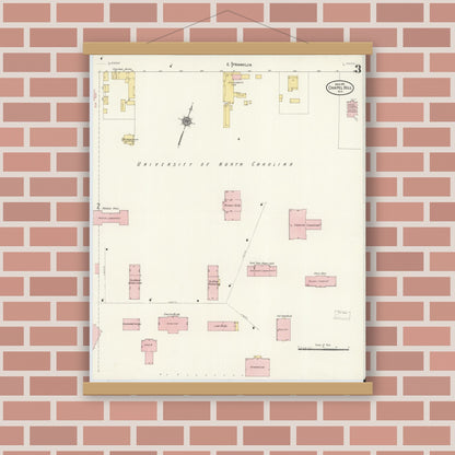 Old map wall art mockup — magnetic wood frame on brick wall — Sanborn Fire Insurance Map from Chapel Hill, Orange County, North Carolina (1911), Sheet #0003