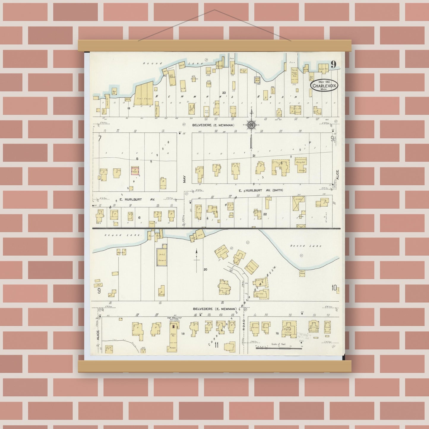 Old map wall art mockup — magnetic wood frame on brick wall — Sanborn Fire Insurance Map from Charlevoix, Charlevoix County, Michigan (1912), Sheet #0009