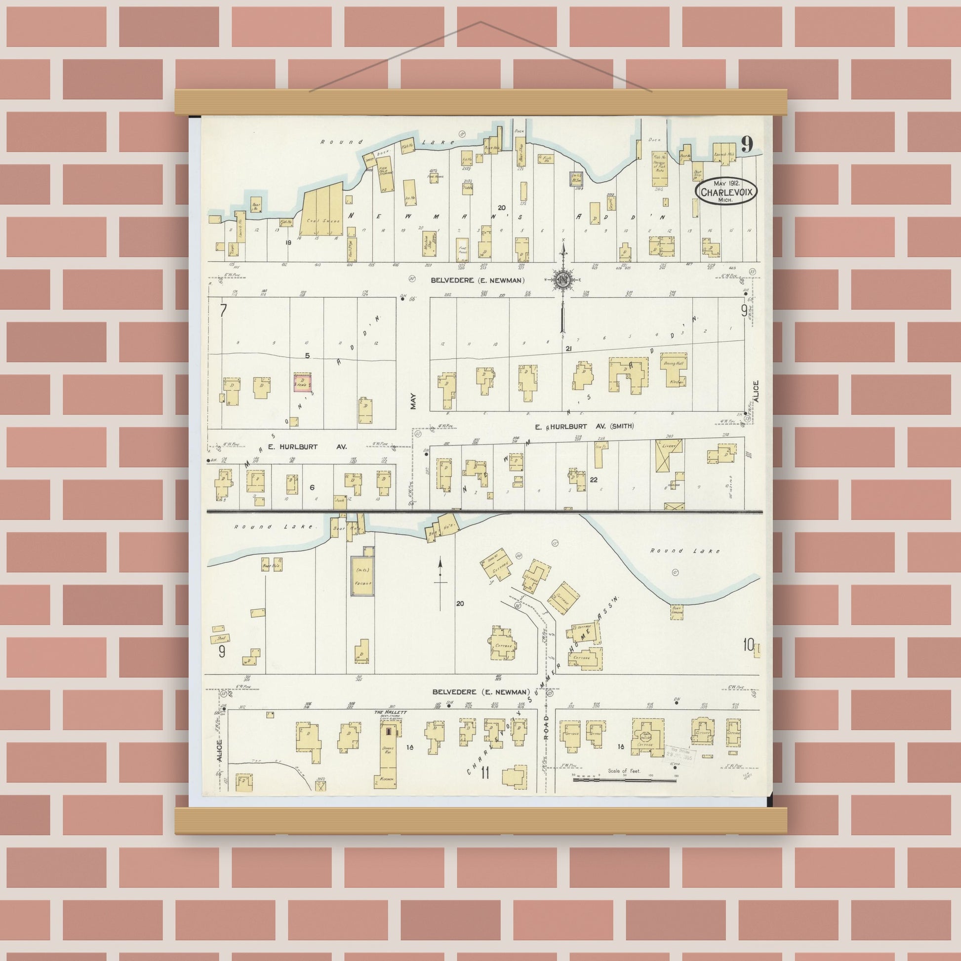 Old map wall art mockup — magnetic wood frame on brick wall — Sanborn Fire Insurance Map from Charlevoix, Charlevoix County, Michigan (1912), Sheet #0009