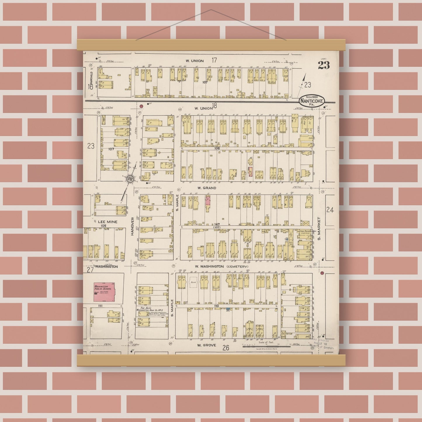 Old map wall art mockup — magnetic wood frame on brick wall — Sanborn Fire Insurance Map from Nanticoke, Luzerne County, Pennsylvania (1920), Sheet #0023