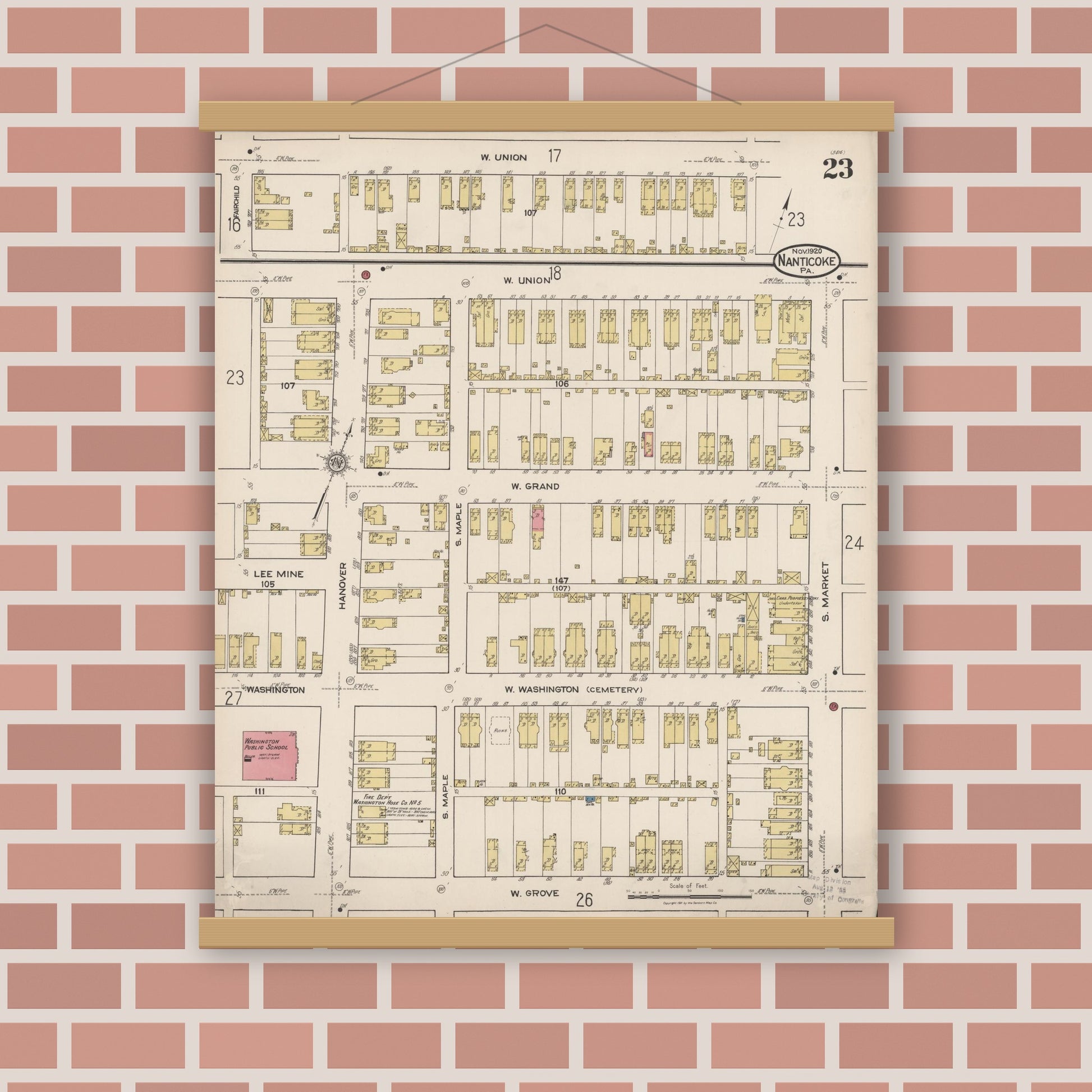 Old map wall art mockup — magnetic wood frame on brick wall — Sanborn Fire Insurance Map from Nanticoke, Luzerne County, Pennsylvania (1920), Sheet #0023