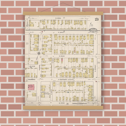 Old map wall art mockup — magnetic wood frame on brick wall — Sanborn Fire Insurance Map from Nanticoke, Luzerne County, Pennsylvania (1920), Sheet #0023