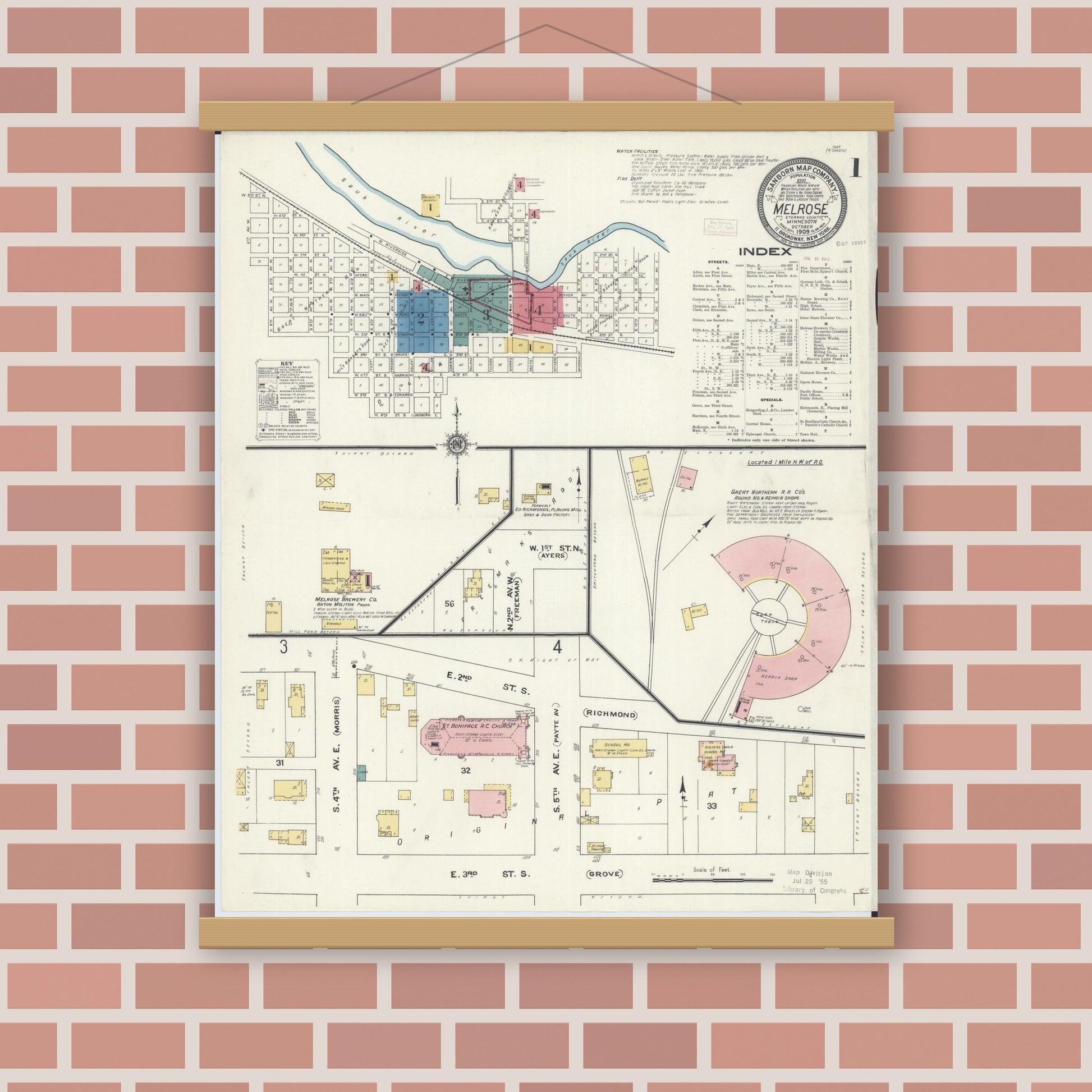 Old map wall art mockup — magnetic wood frame on brick wall — Sanborn Fire Insurance Map from Melrose, Stearns County, Minnesota (1909) - Complete Map Set