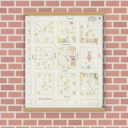 Old map wall art mockup — magnetic wood frame on brick wall — Sanborn Fire Insurance Map from Preston, Fillmore County, Minnesota (1894), Sheet #0002