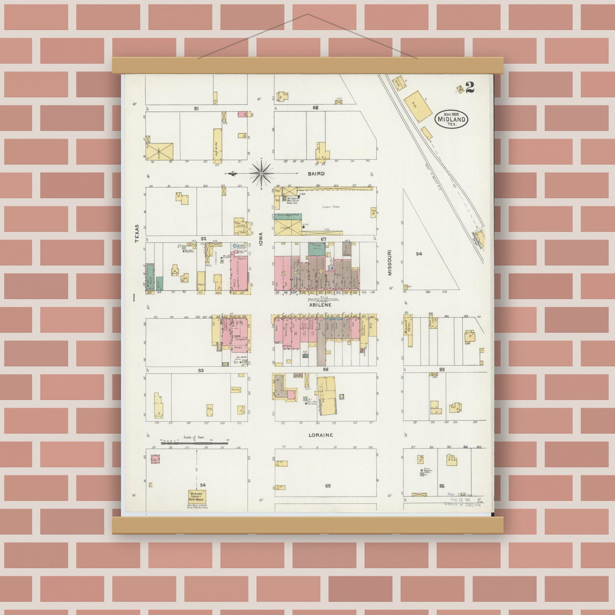 Old map wall art mockup — magnetic wood frame on brick wall — Sanborn Fire Insurance Map from Midland, Midland County, Texas (1905), Sheet #0002
