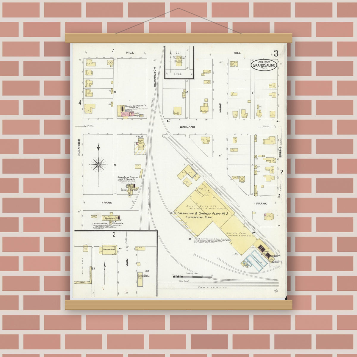 Old map wall art mockup — magnetic wood frame on brick wall — Sanborn Fire Insurance Map from Grand Saline, Van Zandt County, Texas (1909), Sheet #0003