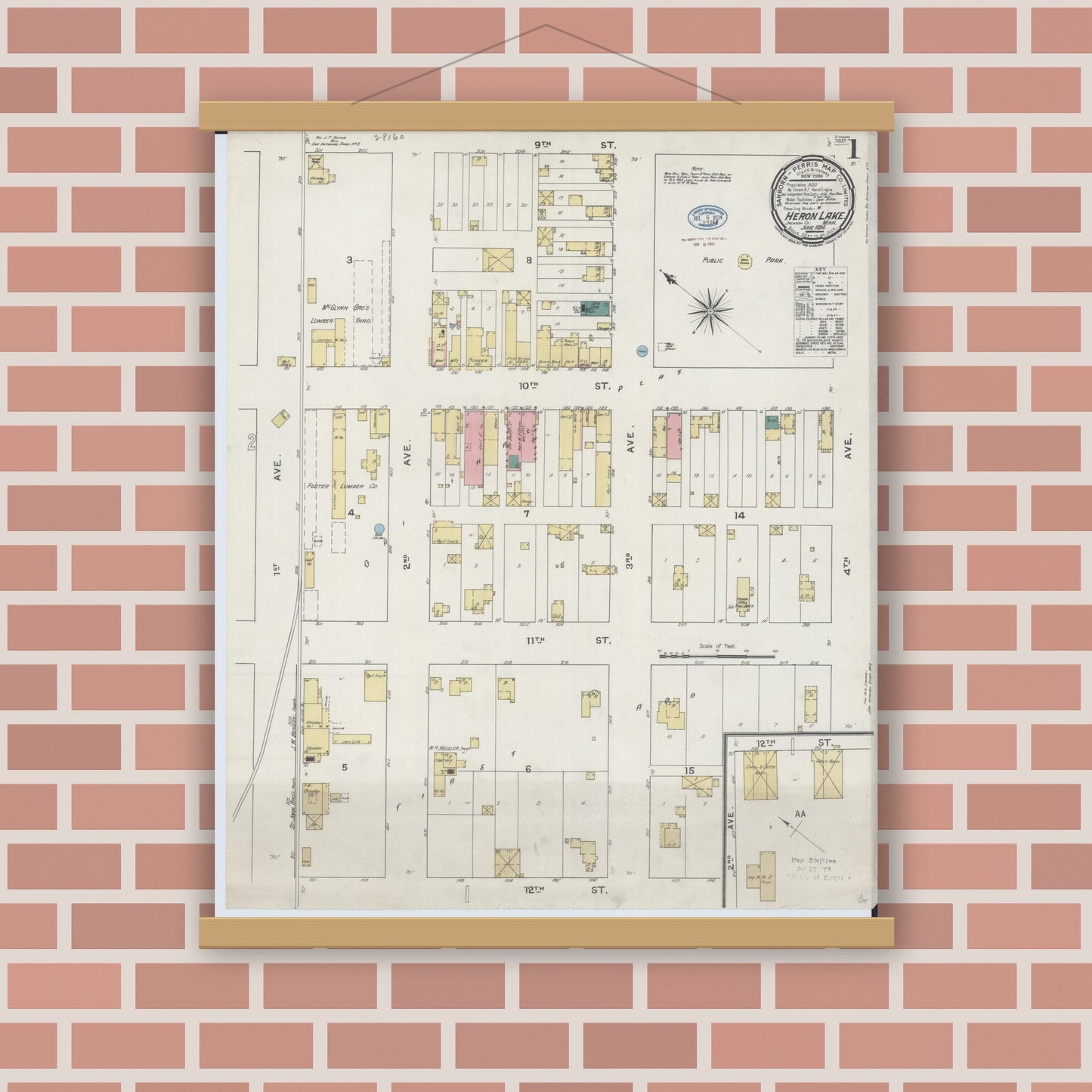 Old map wall art mockup — magnetic wood frame on brick wall — Sanborn Fire Insurance Map from Heron Lake, Jackson County, Minnesota (1894), Sheet #0001