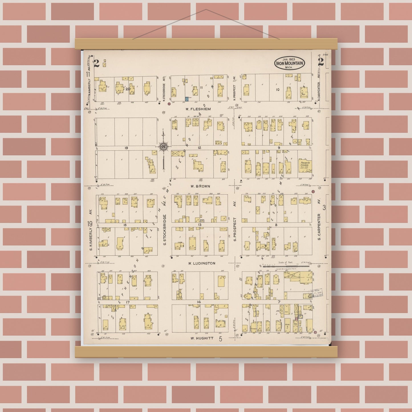 Old map wall art mockup — magnetic wood frame on brick wall — Sanborn Fire Insurance Map from Iron Mountain, Dickinson County, Michigan (1923), Sheet #0002