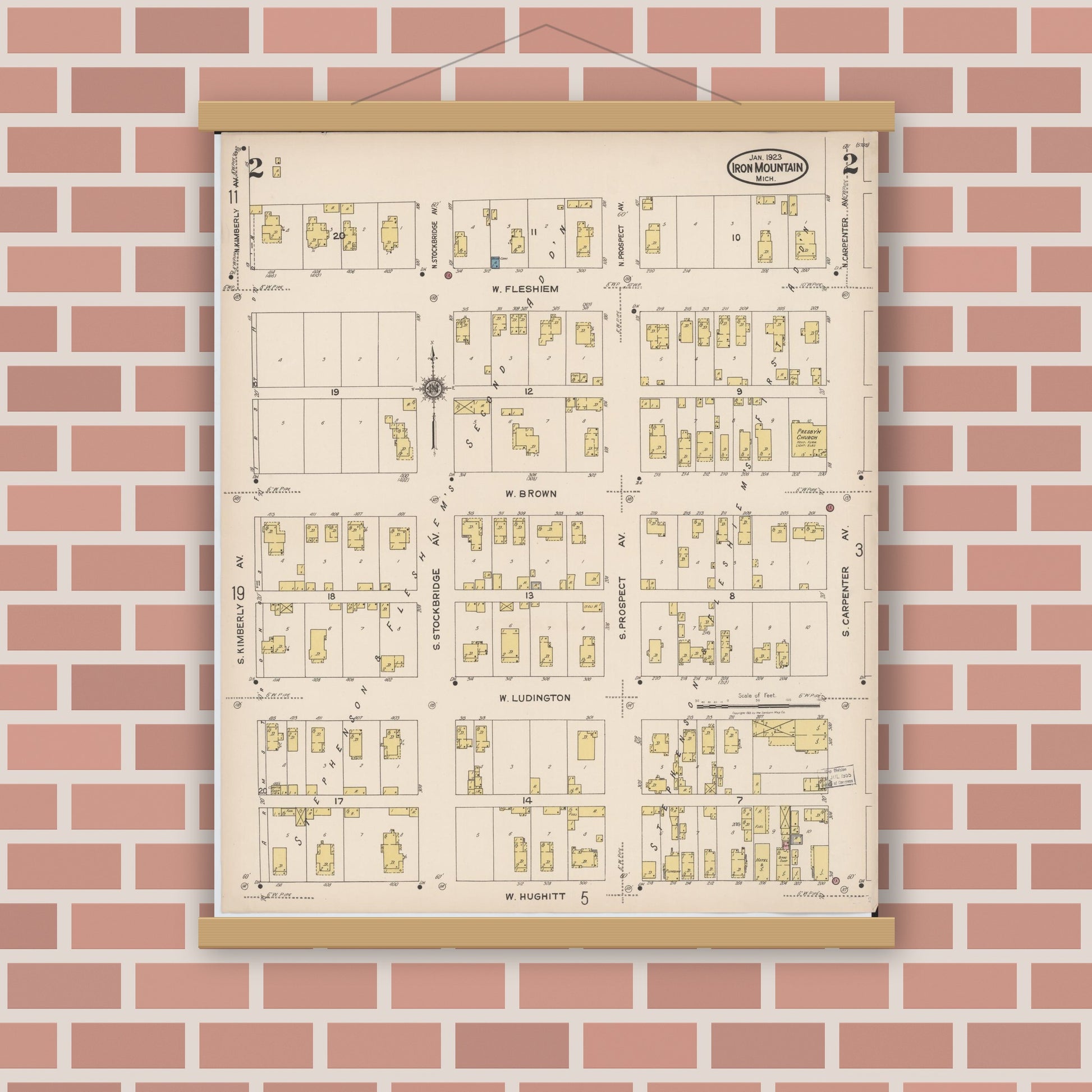Old map wall art mockup — magnetic wood frame on brick wall — Sanborn Fire Insurance Map from Iron Mountain, Dickinson County, Michigan (1923), Sheet #0002