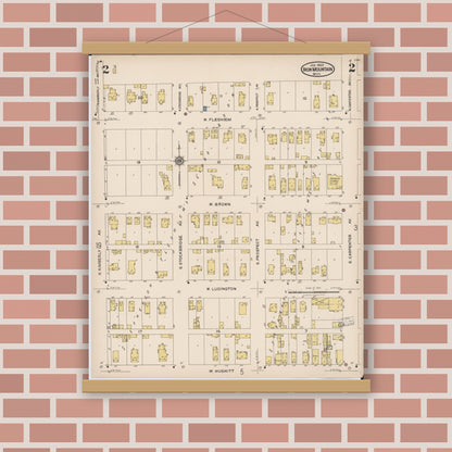 Old map wall art mockup — magnetic wood frame on brick wall — Sanborn Fire Insurance Map from Iron Mountain, Dickinson County, Michigan (1923), Sheet #0002