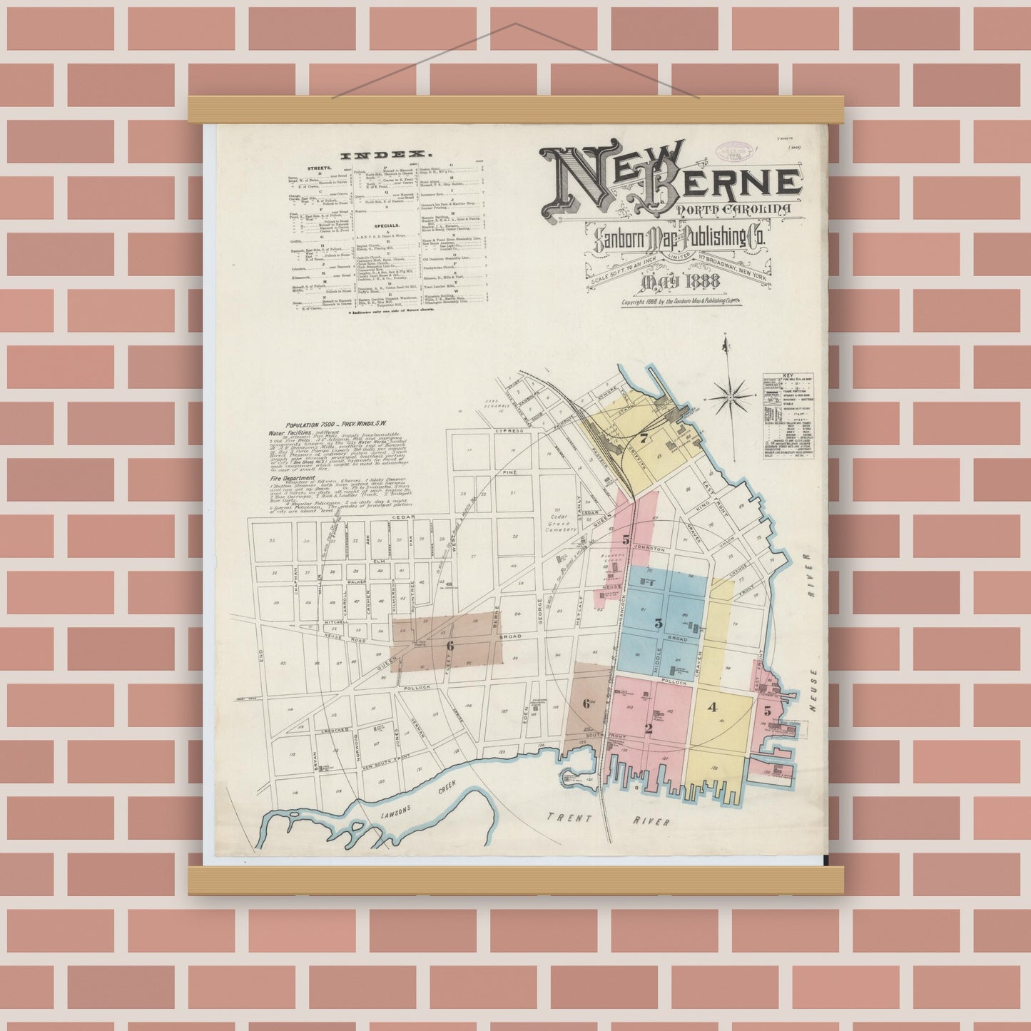 Old map wall art mockup — magnetic wood frame on brick wall — Sanborn Fire Insurance Map from New Bern, Craven County, North Carolina (1888) - Complete Map Set
