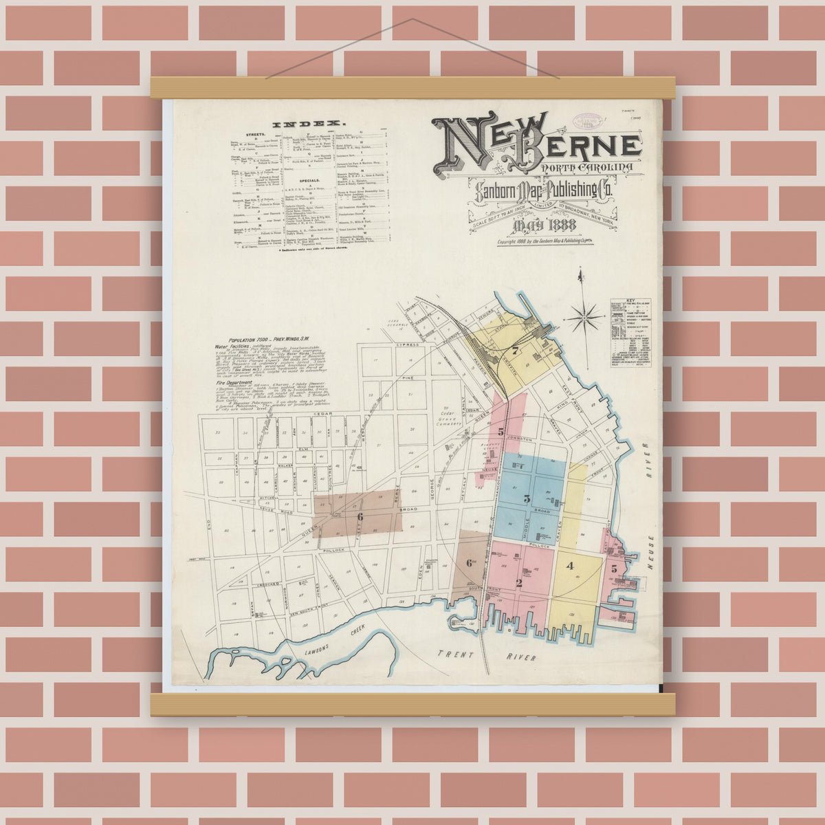 Old map wall art mockup — magnetic wood frame on brick wall — Sanborn Fire Insurance Map from New Bern, Craven County, North Carolina (1888) - Complete Map Set