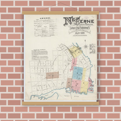 Old map wall art mockup — magnetic wood frame on brick wall — Sanborn Fire Insurance Map from New Bern, Craven County, North Carolina (1888) - Complete Map Set