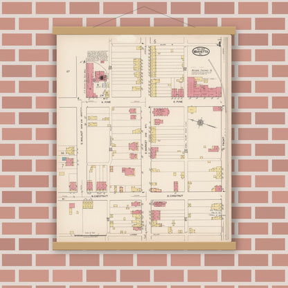 Old map wall art mockup — magnetic wood frame on brick wall — Sanborn Fire Insurance Map from Marietta, Lancaster County, Pennsylvania (1922), Sheet #0004