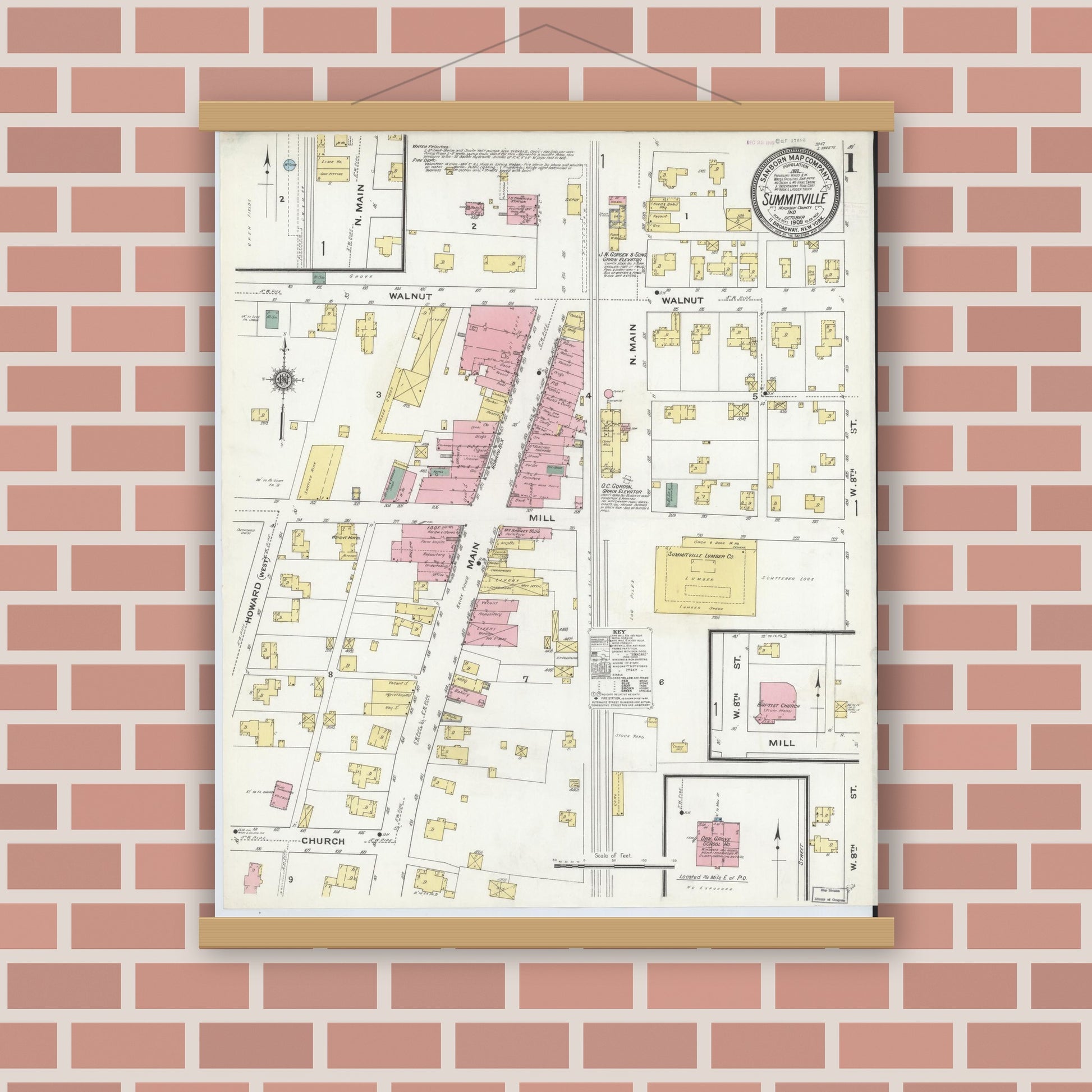 Old map wall art mockup — magnetic wood frame on brick wall — Sanborn Fire Insurance Map from Summitville, Madison County, Indiana (1909) - Complete Map Set