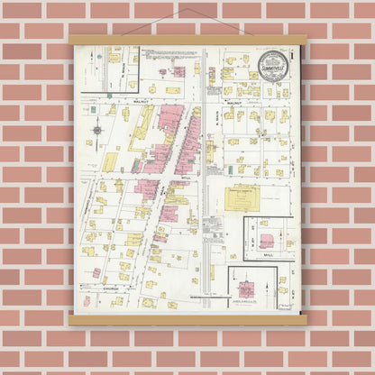Old map wall art mockup — magnetic wood frame on brick wall — Sanborn Fire Insurance Map from Summitville, Madison County, Indiana (1909) - Complete Map Set