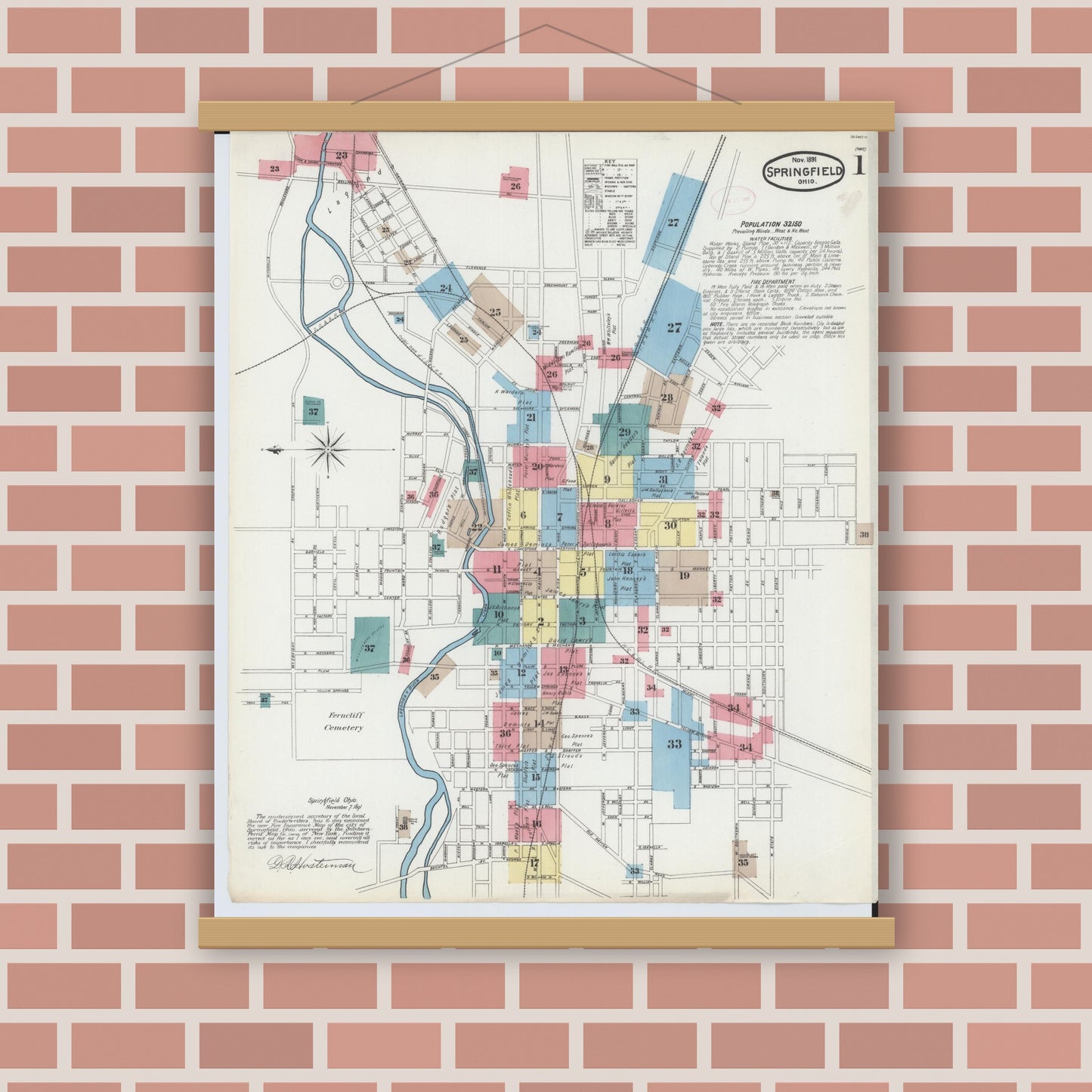 Old map wall art mockup — magnetic wood frame on brick wall — Sanborn Fire Insurance Map from Springfield, Clark County, Ohio (1891) - Complete Map Set