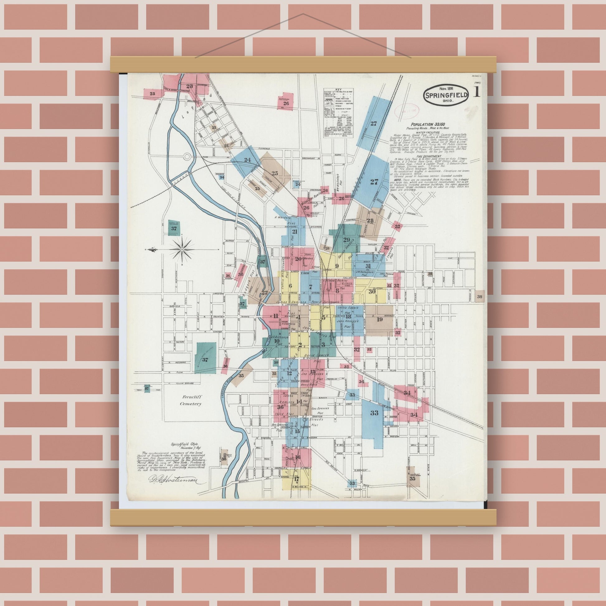 Old map wall art mockup — magnetic wood frame on brick wall — Sanborn Fire Insurance Map from Springfield, Clark County, Ohio (1891) - Complete Map Set