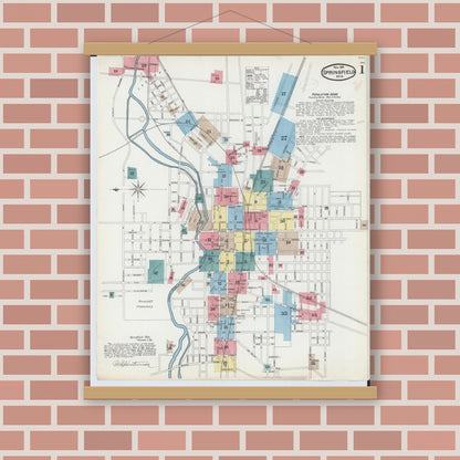 Old map wall art mockup — magnetic wood frame on brick wall — Sanborn Fire Insurance Map from Springfield, Clark County, Ohio (1891) - Complete Map Set