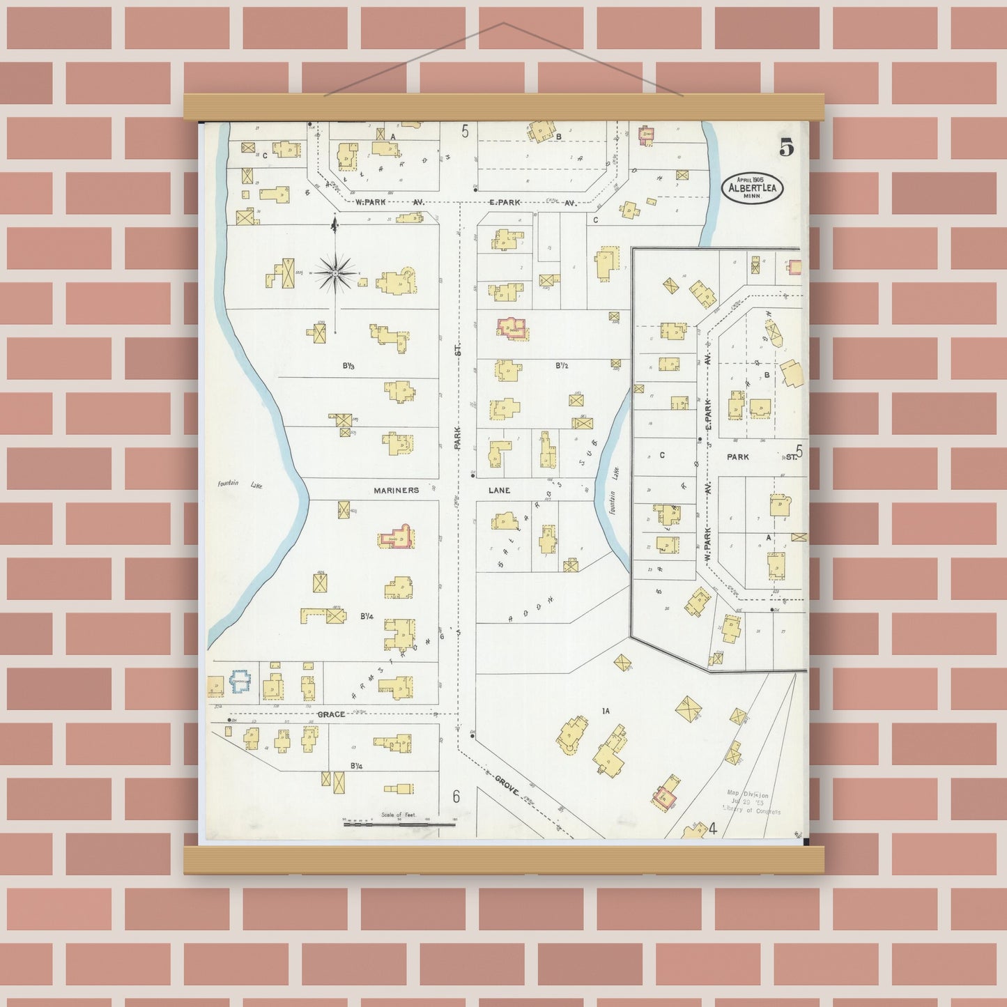 Old map wall art mockup — magnetic wood frame on brick wall — Sanborn Fire Insurance Map from Albert Lea, Freeborn County, Minnesota (1905), Sheet #0005