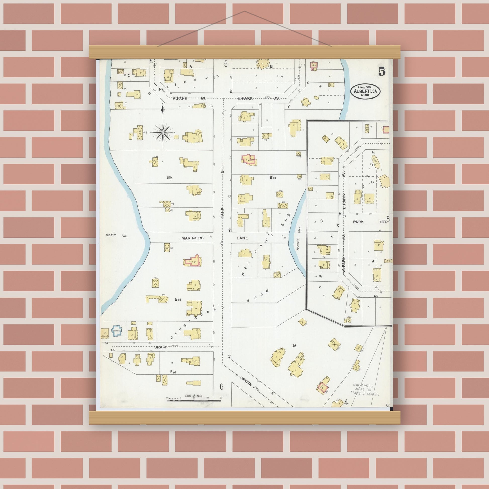 Old map wall art mockup — magnetic wood frame on brick wall — Sanborn Fire Insurance Map from Albert Lea, Freeborn County, Minnesota (1905), Sheet #0005