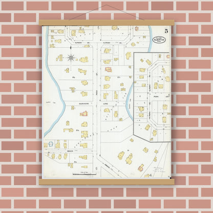 Old map wall art mockup — magnetic wood frame on brick wall — Sanborn Fire Insurance Map from Albert Lea, Freeborn County, Minnesota (1905), Sheet #0005
