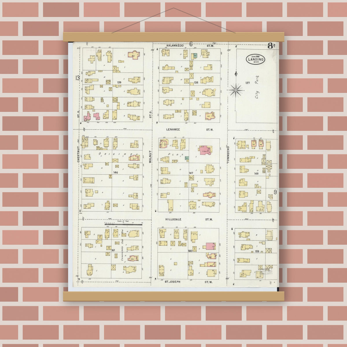 Old map wall art mockup — magnetic wood frame on brick wall — Sanborn Fire Insurance Map from Lansing, Ingham County, Michigan (1898), Sheet #0008