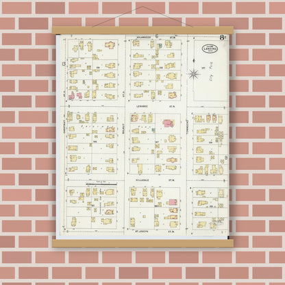 Old map wall art mockup — magnetic wood frame on brick wall — Sanborn Fire Insurance Map from Lansing, Ingham County, Michigan (1898), Sheet #0008
