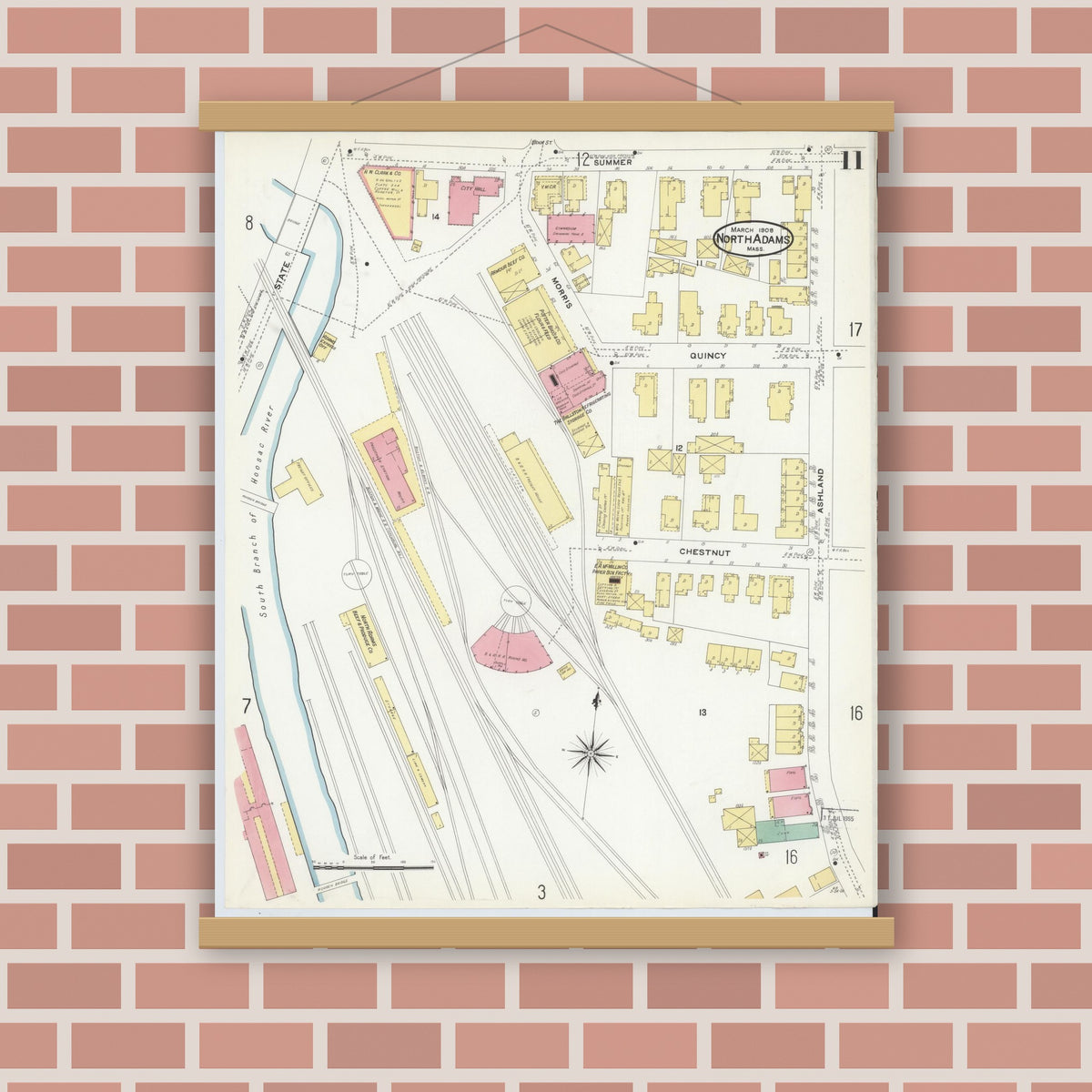 Old map wall art mockup — magnetic wood frame on brick wall — Sanborn Fire Insurance Map from North Adams, Berkshire County, Massachusetts (1908), Sheet #0011