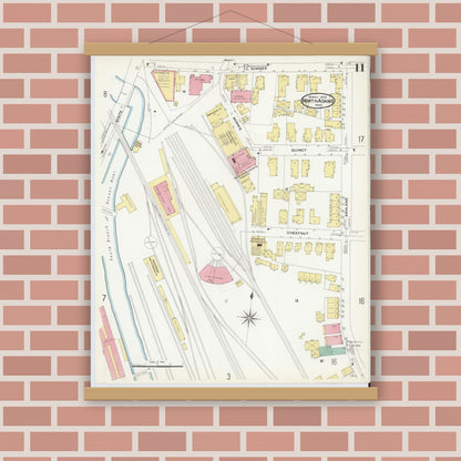 Old map wall art mockup — magnetic wood frame on brick wall — Sanborn Fire Insurance Map from North Adams, Berkshire County, Massachusetts (1908), Sheet #0011