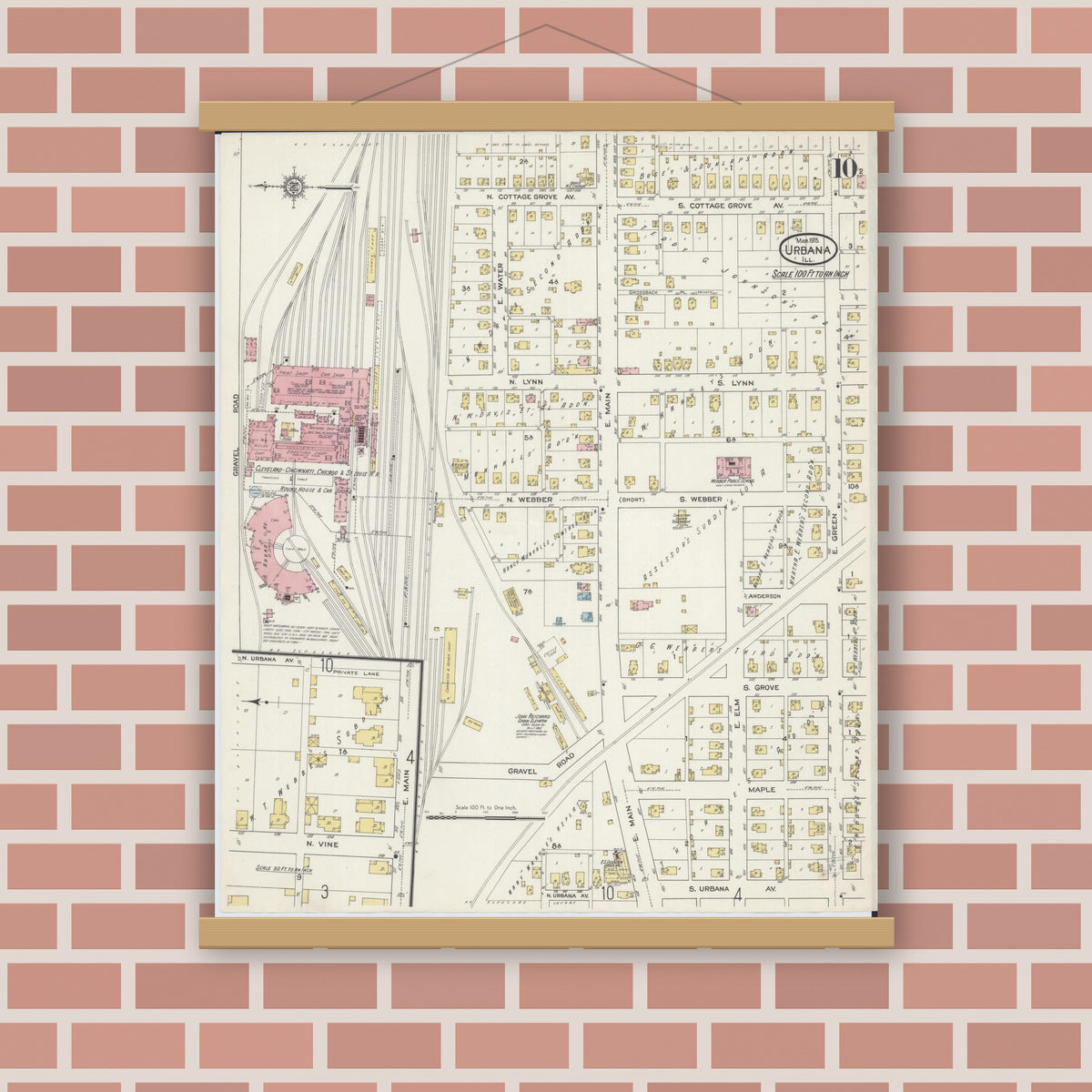 Old map wall art mockup — magnetic wood frame on brick wall — Sanborn Fire Insurance Map from Urbana, Champaign County, Illinois (1915), Sheet #0010