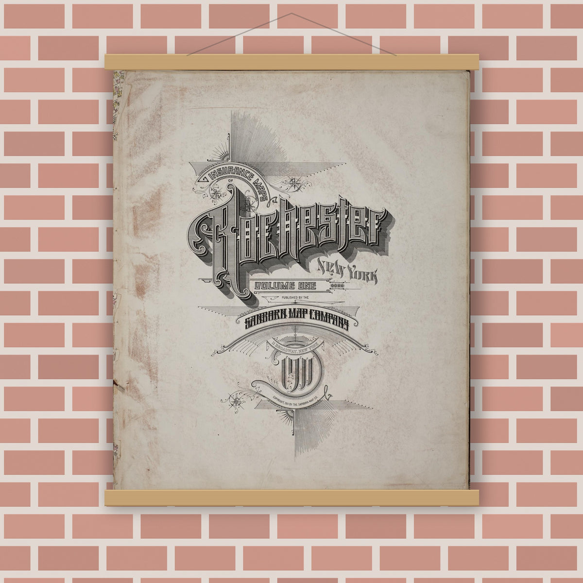 Old map wall art mockup — magnetic wood frame on brick wall — Sanborn Fire Insurance Map from Rochester, Monroe County, New York (1911), Sheet #0001