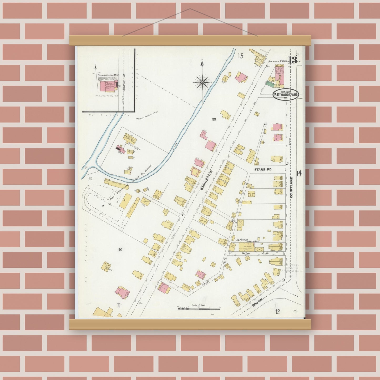 Old map wall art mockup — magnetic wood frame on brick wall — Sanborn Fire Insurance Map from Stroudsburg, Monroe County, Pennsylvania (1905), Sheet #0013