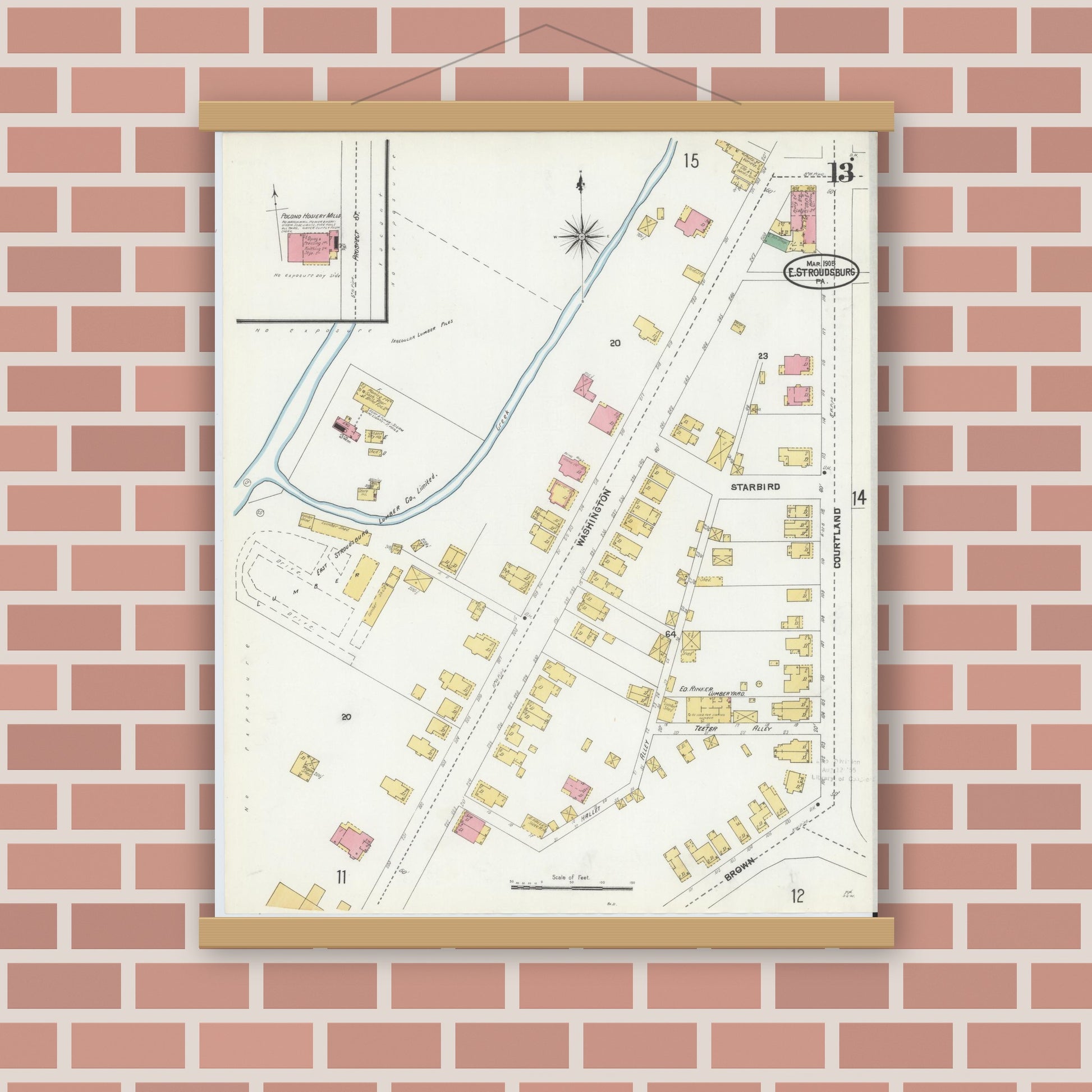 Old map wall art mockup — magnetic wood frame on brick wall — Sanborn Fire Insurance Map from Stroudsburg, Monroe County, Pennsylvania (1905), Sheet #0013