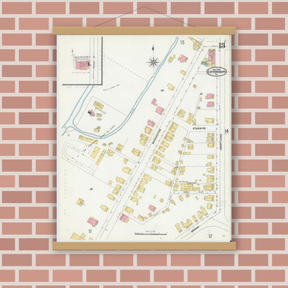 Old map wall art mockup — magnetic wood frame on brick wall — Sanborn Fire Insurance Map from Stroudsburg, Monroe County, Pennsylvania (1905), Sheet #0013