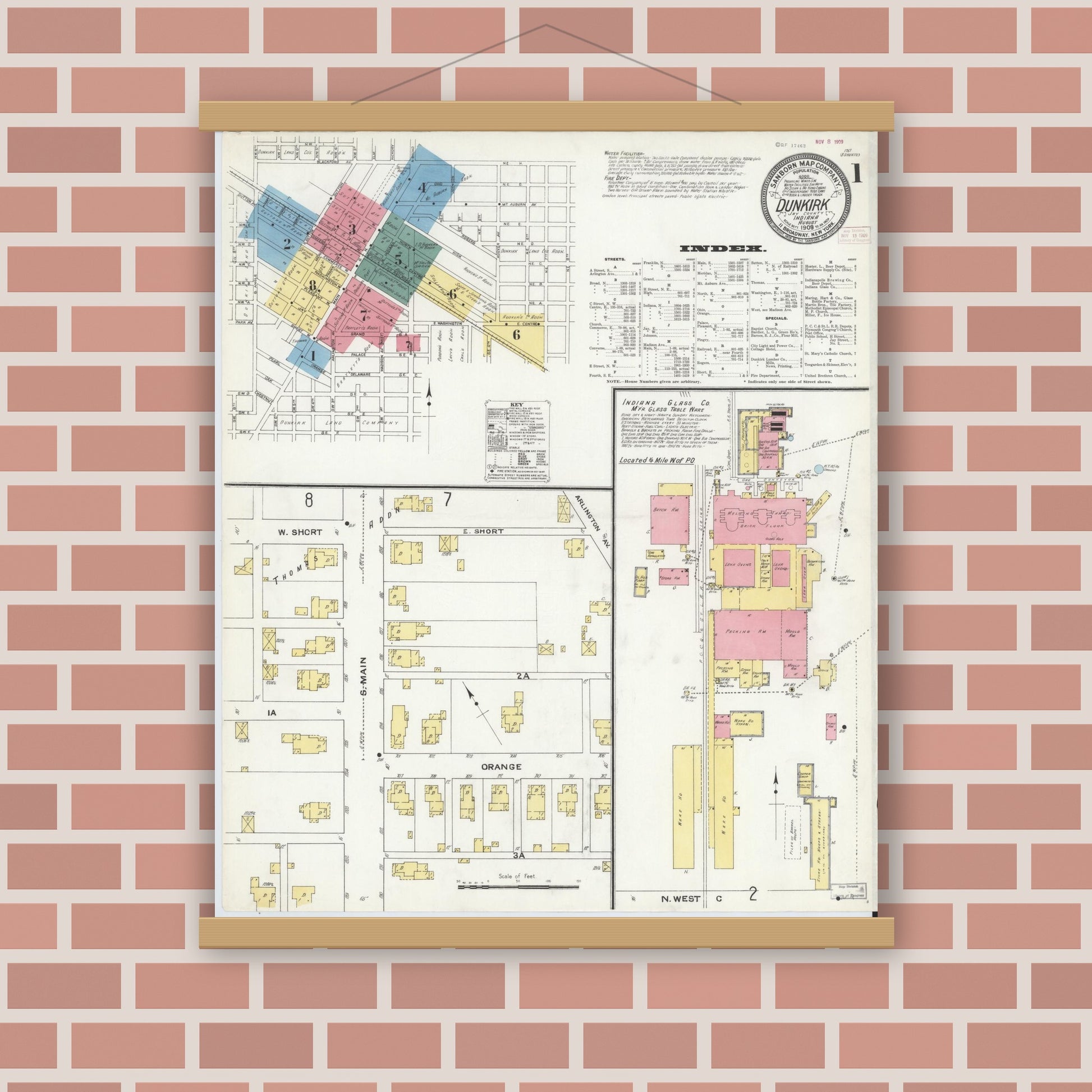 Old map wall art mockup — magnetic wood frame on brick wall — Sanborn Fire Insurance Map from Dunkirk, Jay And Blackford Counties, Indiana (1909) - Complete Map Set