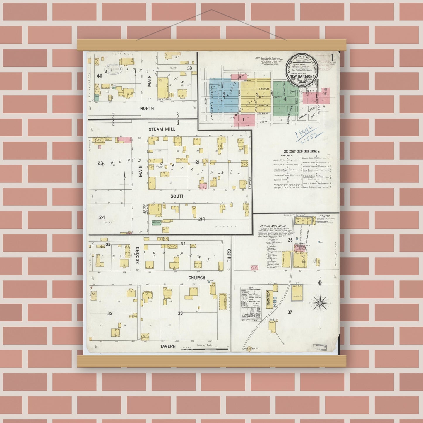 Old map wall art mockup — magnetic wood frame on brick wall — Sanborn Fire Insurance Map from New Harmony, Posey County, Indiana (1899) - Complete Map Set