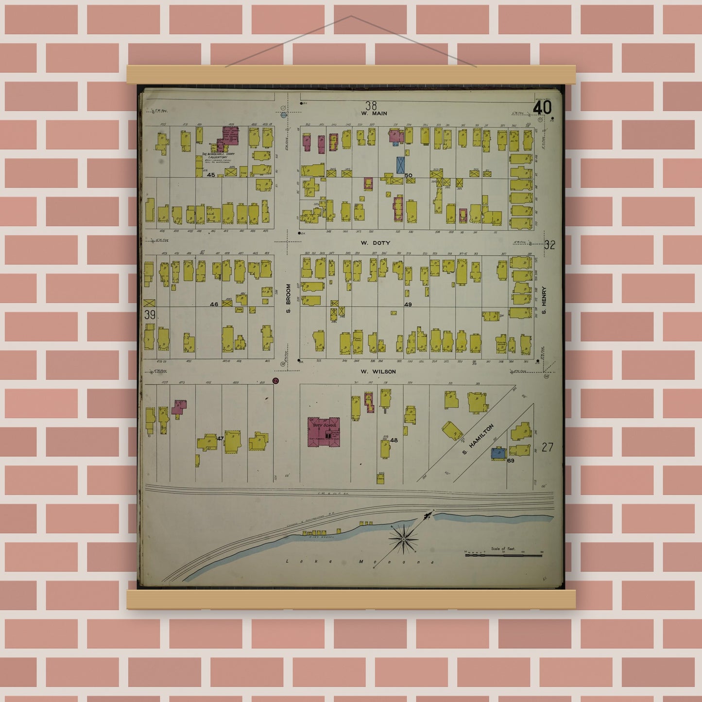Old map wall art mockup — magnetic wood frame on brick wall — Sanborn Fire Insurance Map from Madison, Dane County, Wisconsin (1908), Sheet #0040